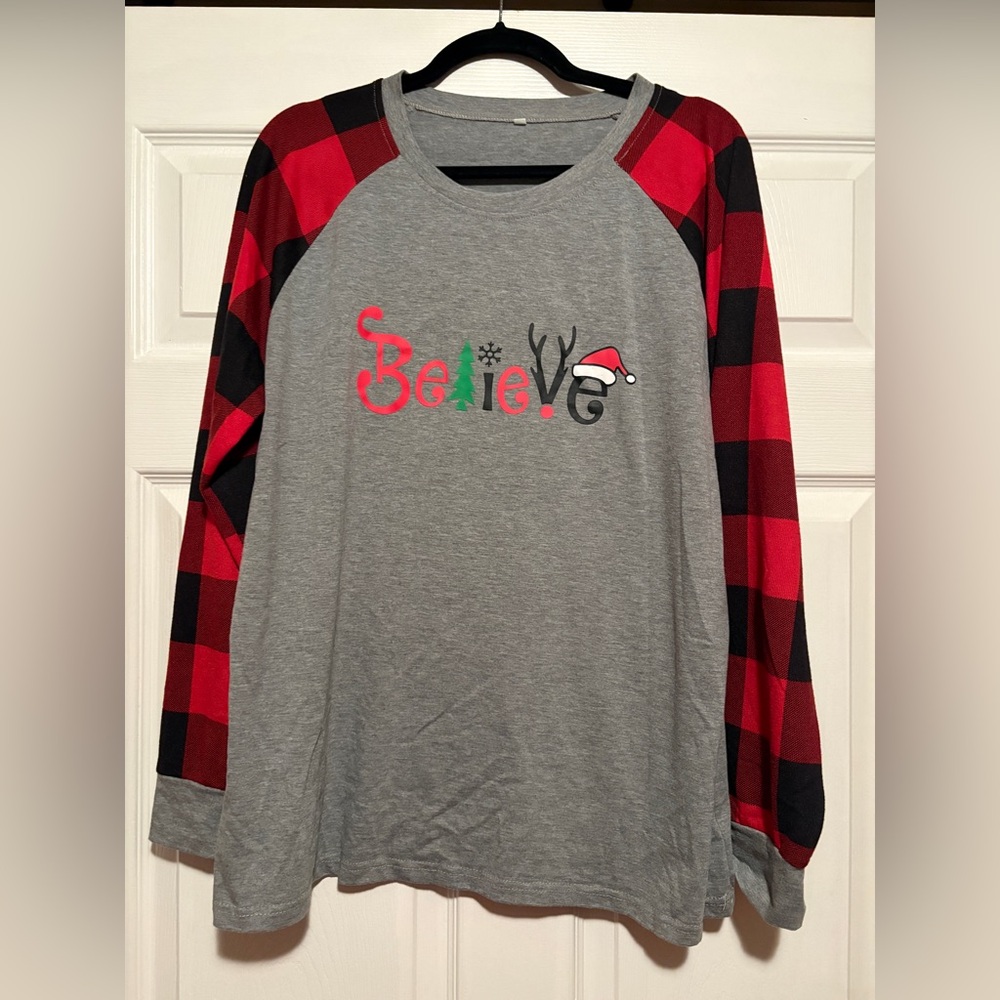 2xl raglan checked shirt with “believe”